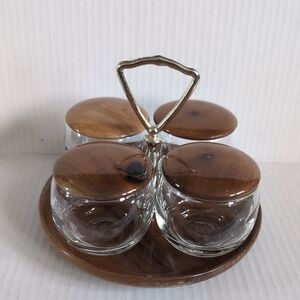 Vintage Bustad’s Myrtlewood Condiment Set Glass Jars Oregon Coast Mid-Century